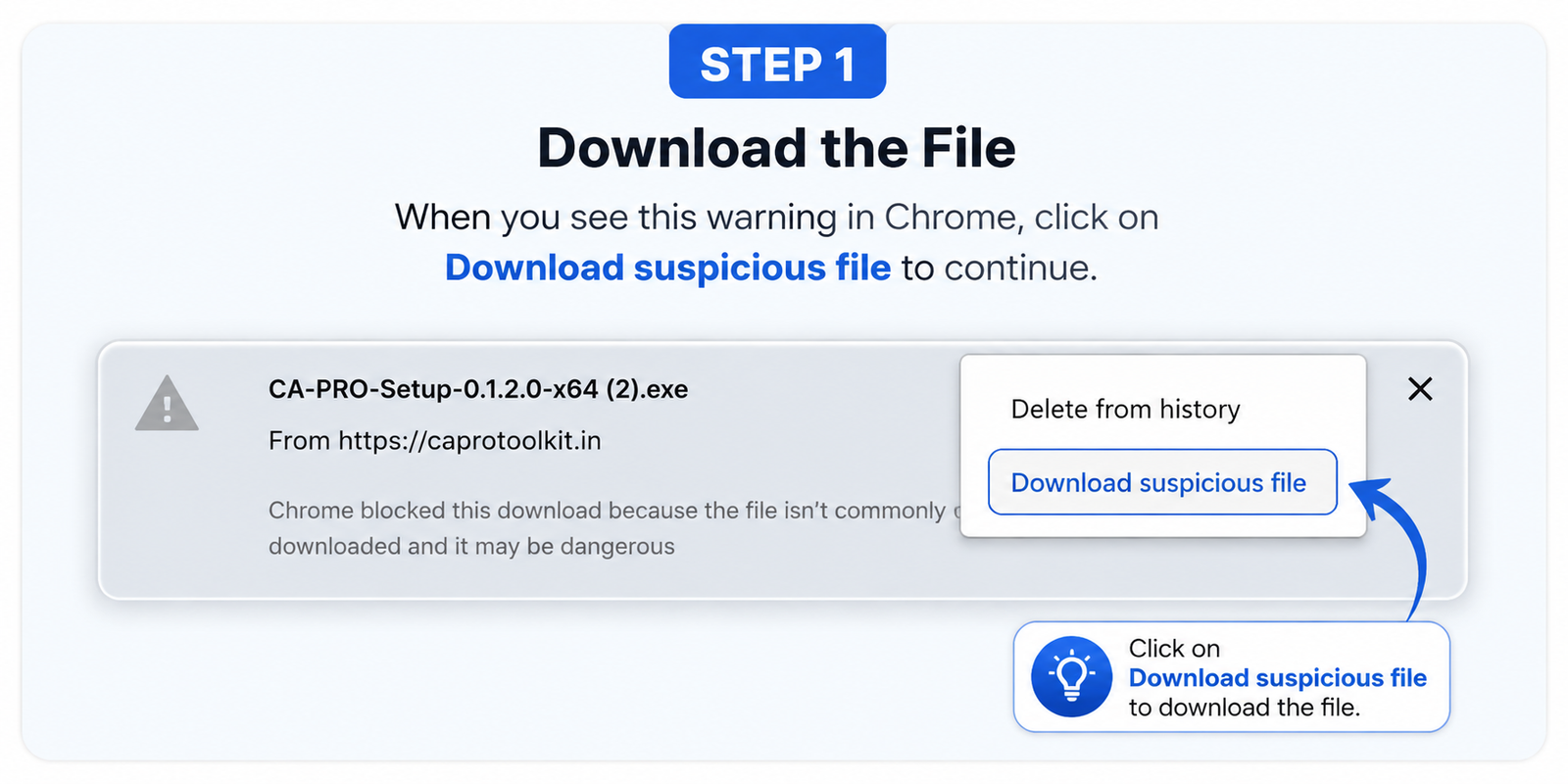 Chrome's download-blocked warning for CA-PRO-Setup, with the "Download suspicious file" link highlighted