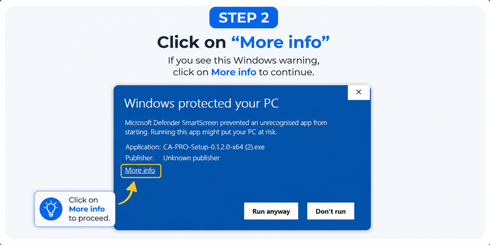 Windows SmartScreen dialog for CA-PRO-Setup, with the "More info" link highlighted