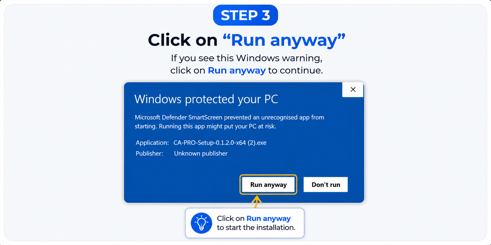 Windows SmartScreen dialog for CA-PRO-Setup, with the "Run anyway" button highlighted
